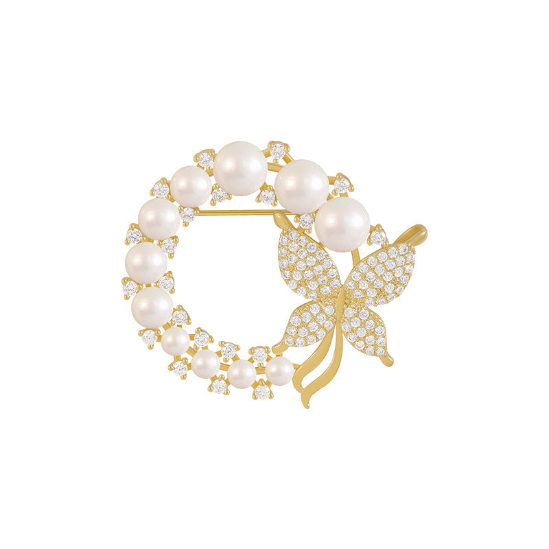 Vintage Diamond-Studded Butterfly Pearl Ring Brooch Fashion Style Dongdaemun