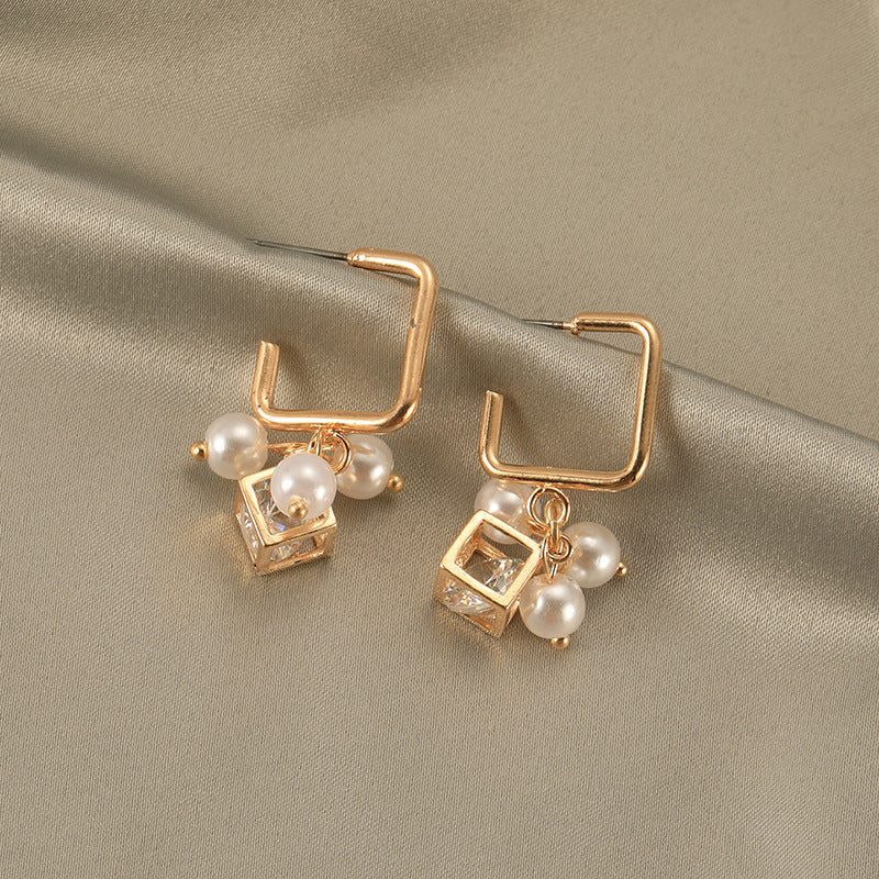 Pearl Cube Crystal Zircon Earrings