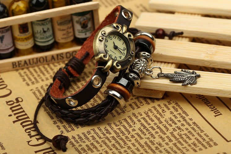 Factory Direct Genuine Leather Bracelet Watch Retro Leather Bracelet Watch Beaded Bracelet Yiwu Wholesale Jewelry