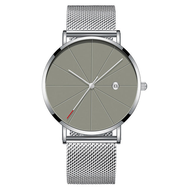 Calendar Thin Mens Watch Stainless Steel Mesh Band Quartz Wrist Watches Men Clock