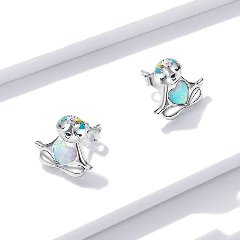 Yinziyun Original Blue Opal Sloth Earrings Cute Animal Dripping Oil S925 Silver Whole Body Earrings Bse483