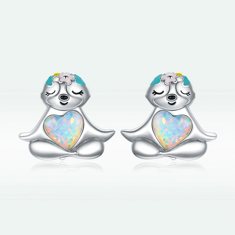 Yinziyun Original Blue Opal Sloth Earrings Cute Animal Dripping Oil S925 Silver Whole Body Earrings Bse483