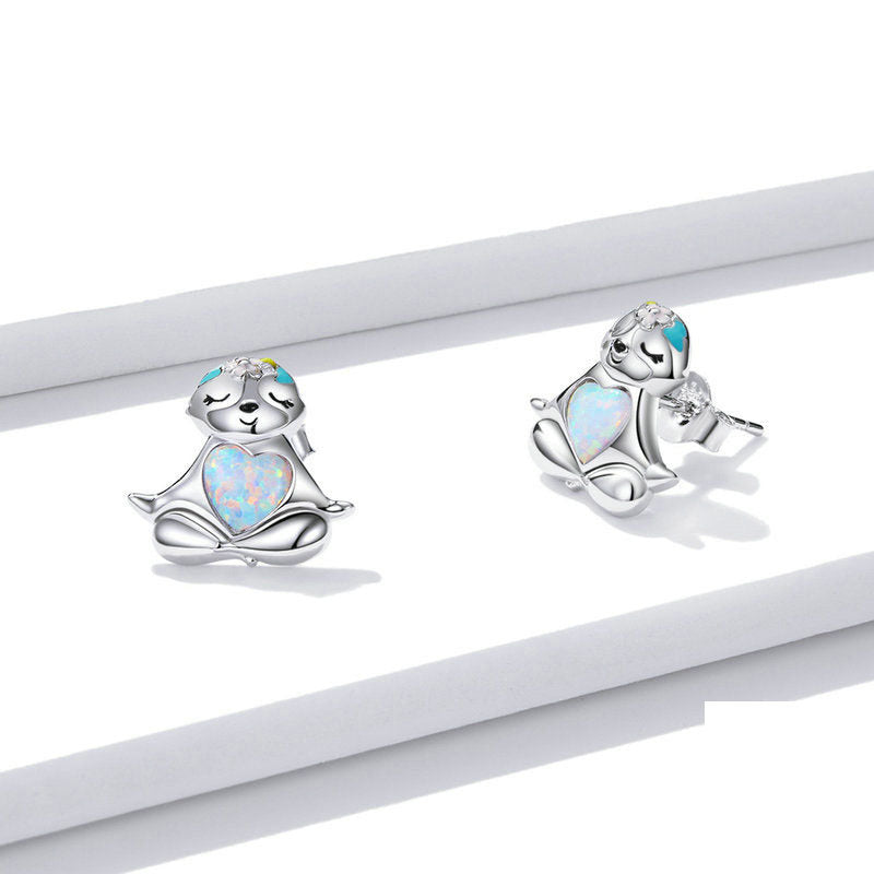 Yinziyun Original Blue Opal Sloth Earrings Cute Animal Dripping Oil S925 Silver Whole Body Earrings Bse483