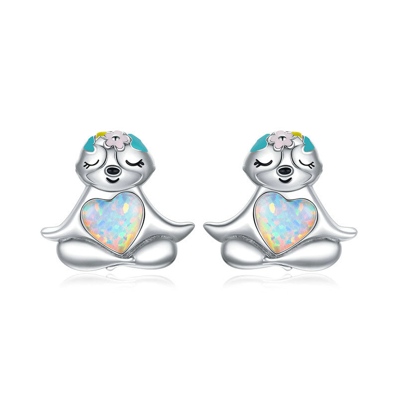 Yinziyun Original Blue Opal Sloth Earrings Cute Animal Dripping Oil S925 Silver Whole Body Earrings Bse483