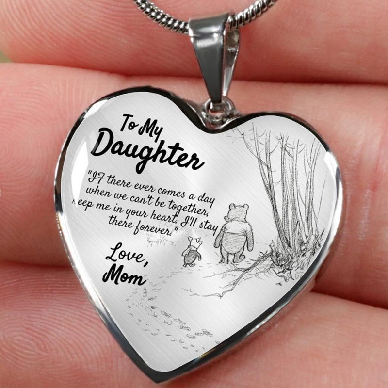 Mom And Daughter Winnie The Pooh Peach Heart Pendant Necklace