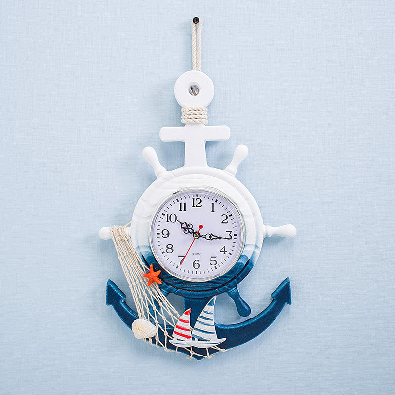 Mediterranean Style Blue And White Ship Rudder Helmsman Anchor Creative Personality Wall Clock