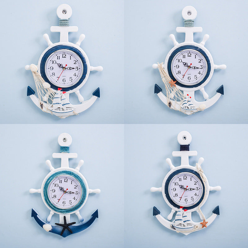 Mediterranean Style Blue And White Ship Rudder Helmsman Anchor Creative Personality Wall Clock