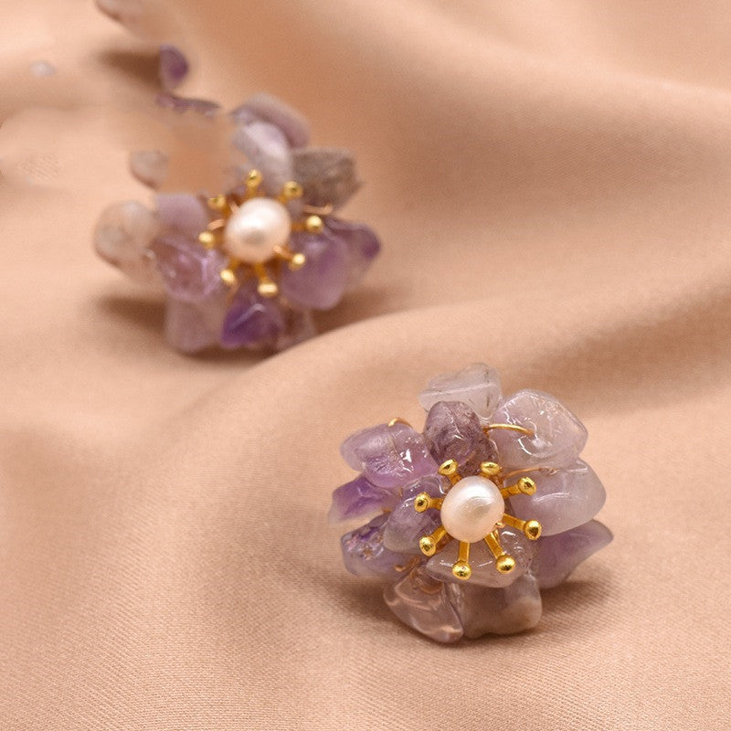 XlentAg 925 Silver Earrings Female Natural Stone Pearl Flower Earrings Korea Temperament Japan And South Korea