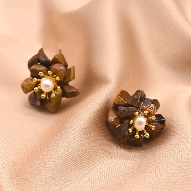 XlentAg 925 Silver Earrings Female Natural Stone Pearl Flower Earrings Korea Temperament Japan And South Korea