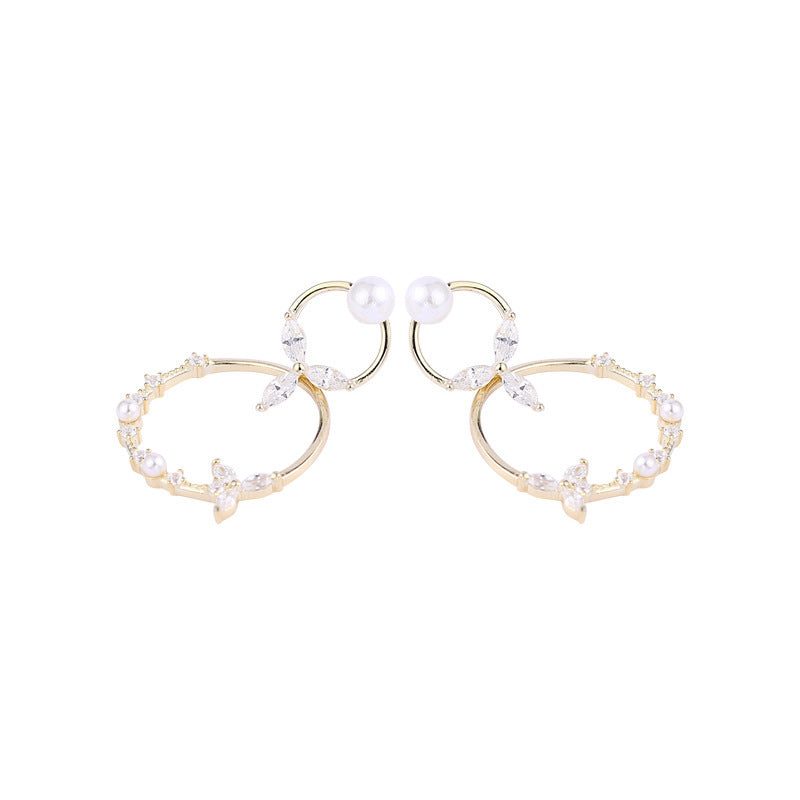 New 925 Sterling Silver Double Circle Pearl Drop Earrings For Women Fashion Elegant Gold Mosaic Zircon Earing Fashion Jewelry