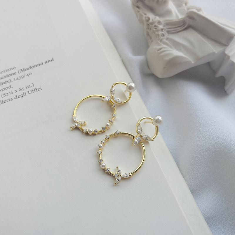 New 925 Sterling Silver Double Circle Pearl Drop Earrings For Women Fashion Elegant Gold Mosaic Zircon Earing Fashion Jewelry