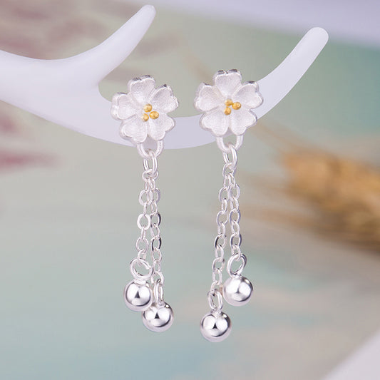 Simple Literary Small Flower Cherry Blossom Long Tassel Earrings