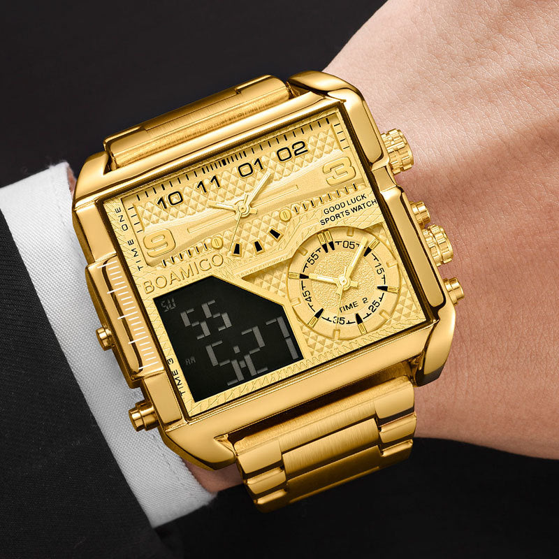 BOAMIGO New Top Brand Luxury Fashion Men Watches Gold Stainless Steel Sport Square Digital Analog Big Quartz Watch for Men