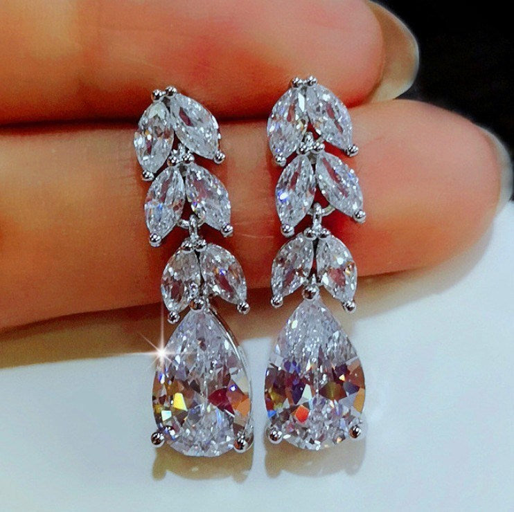 Leaf & Water Drop AAA Cubic Zirconia Drop Earrings