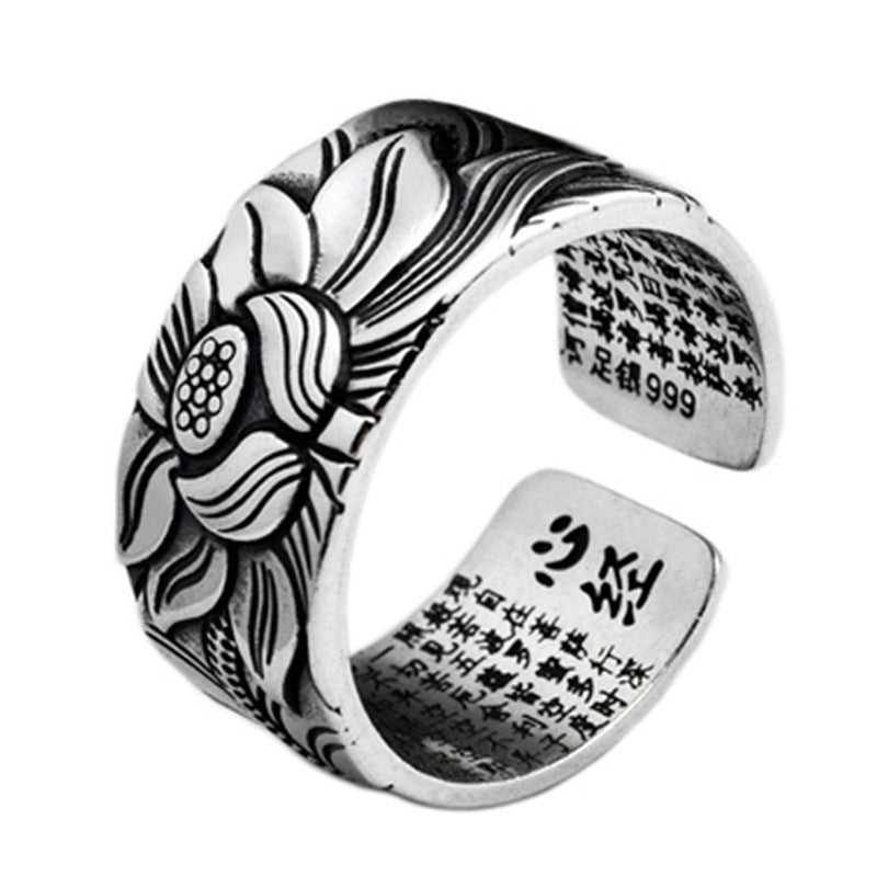 Buddhism Jewelry Like Vintage And Old Real Silver Plated Prajna Paramita Heart Sutra Lotus Ring