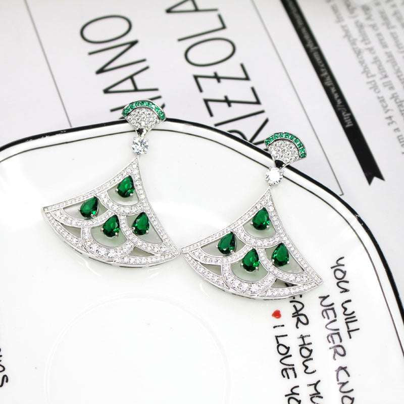 New Product Green Zircon Fan-shaped Earrings With Gold-plated Diamonds