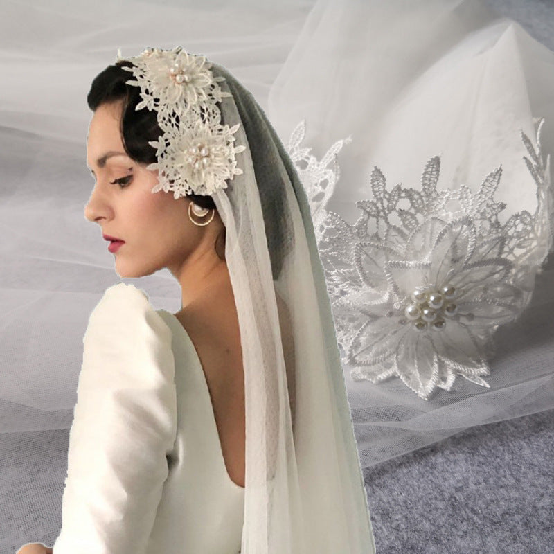 Retro Simple Lace Pearl Short Double Veil