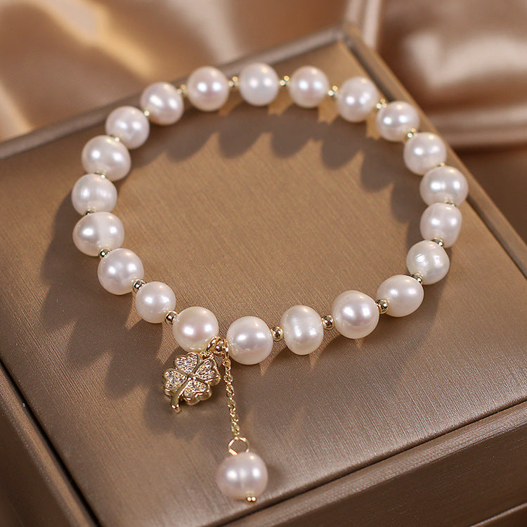 Natural Freshwater Pearl Bracelet Light Luxury Four-leaf Clover Simple Hand Jewelry