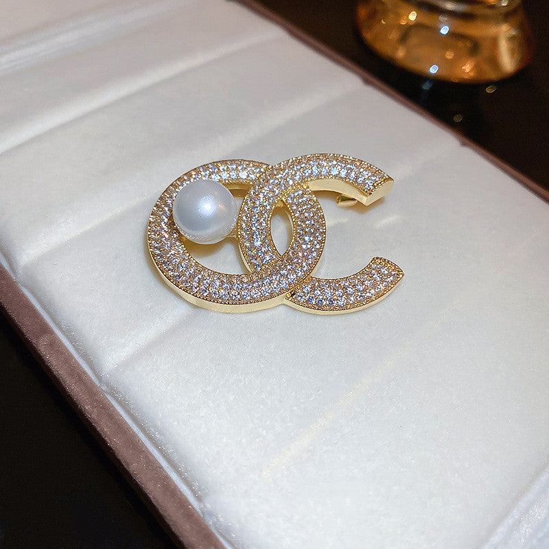 Real Gold Plated Pearl Zirconia Letter Brooch