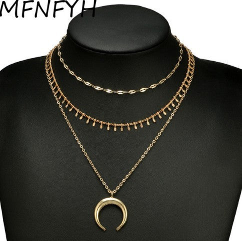 Layered Chain Choker Necklace Moon Pendant Chain Jewelry for Girls Women