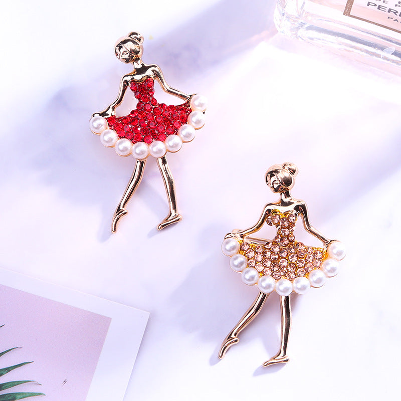 Rhinestone Pearl Dress Dancing Girl Brooches Women Dancer Sports Brooch Pins Gifts