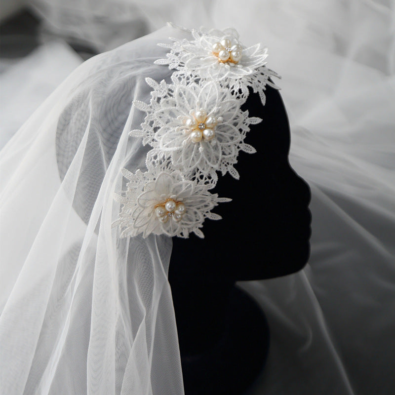 Retro Simple Lace Pearl Short Double Veil