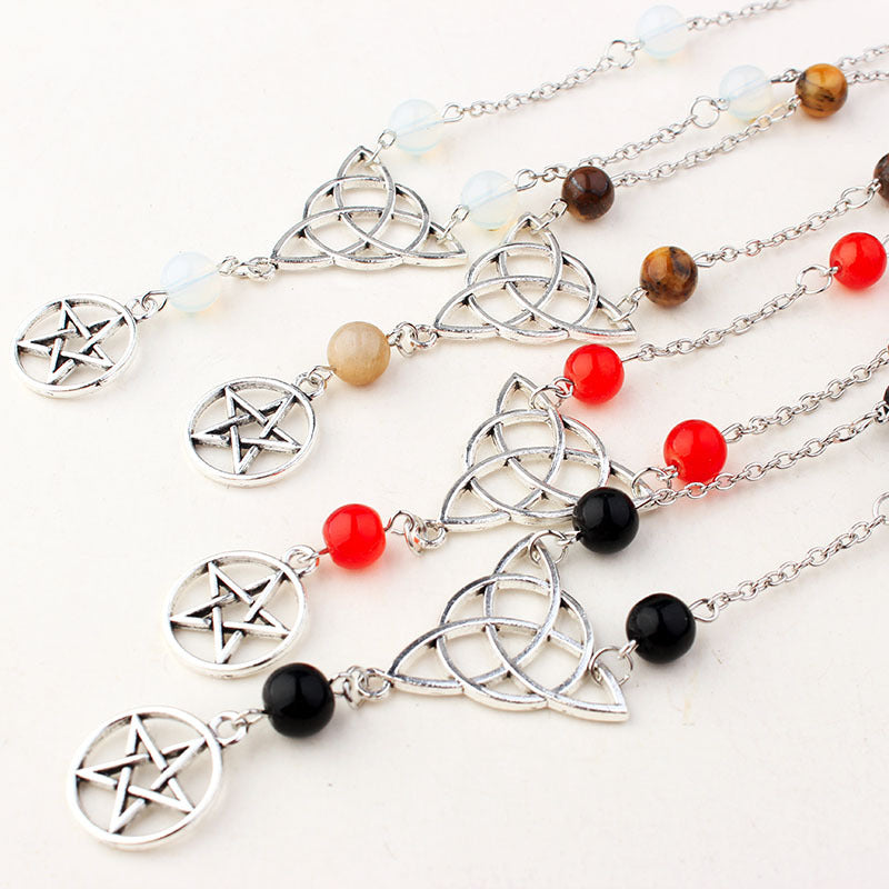 Gothic Witchcraft Pentagram Head Chain Magic Round Beads Stone
