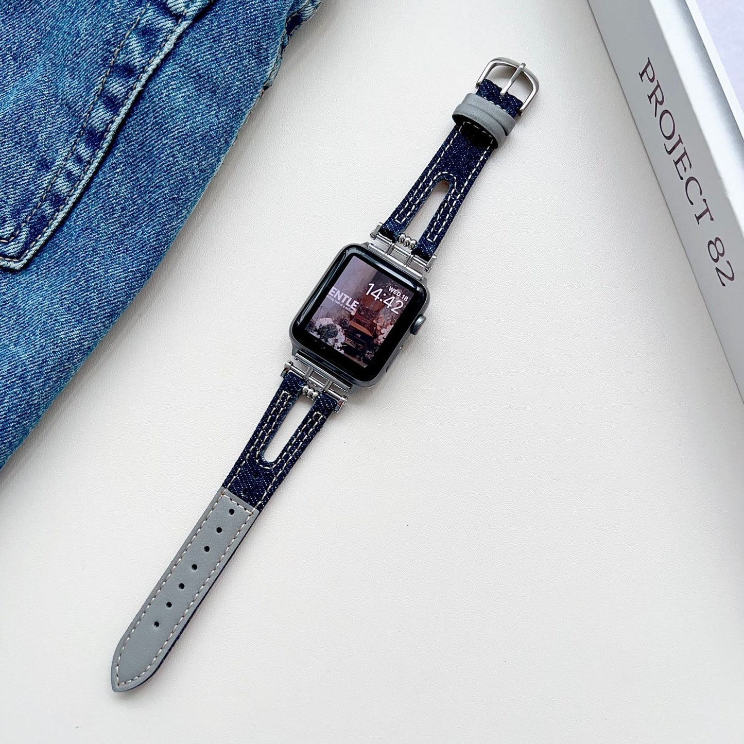 Smart Watch Metal Buckle Stitching Denim Leather Watch