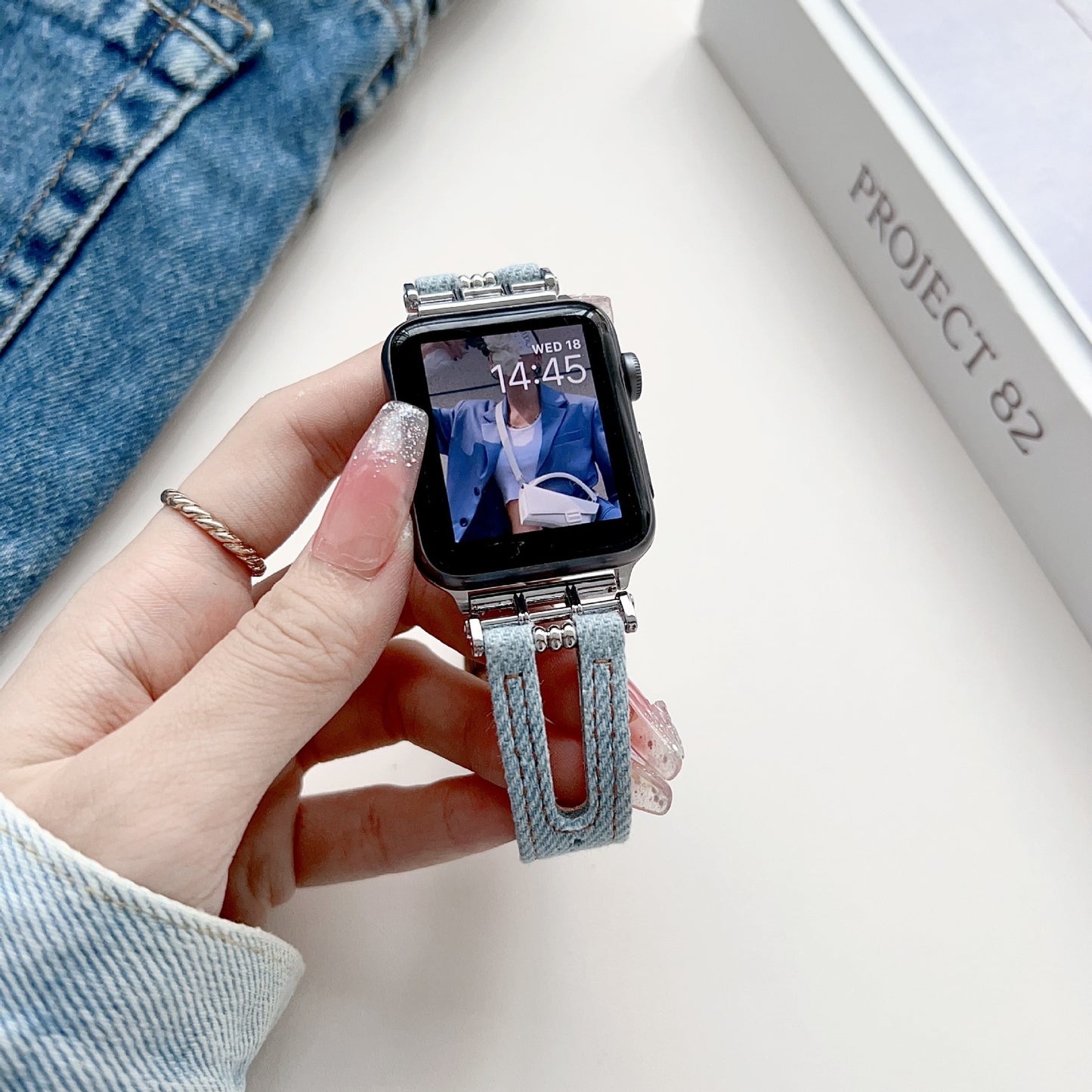 Smart Watch Metal Buckle Stitching Denim Leather Watch