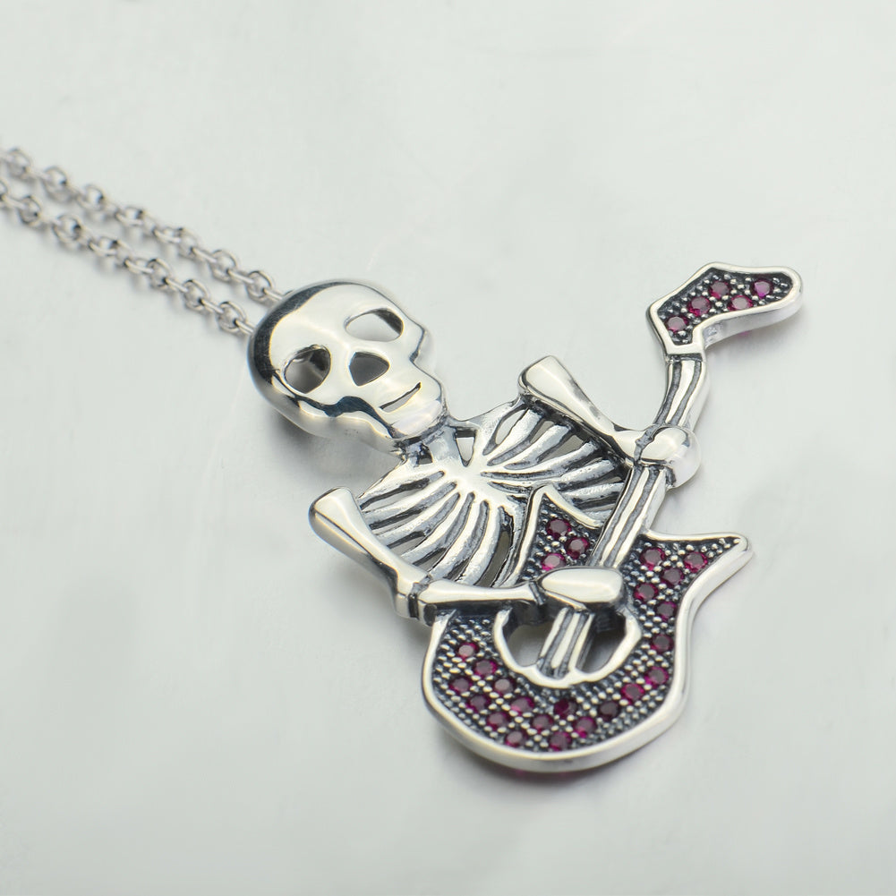 Guitar Skeleton Pendant 925 Silver Necklace