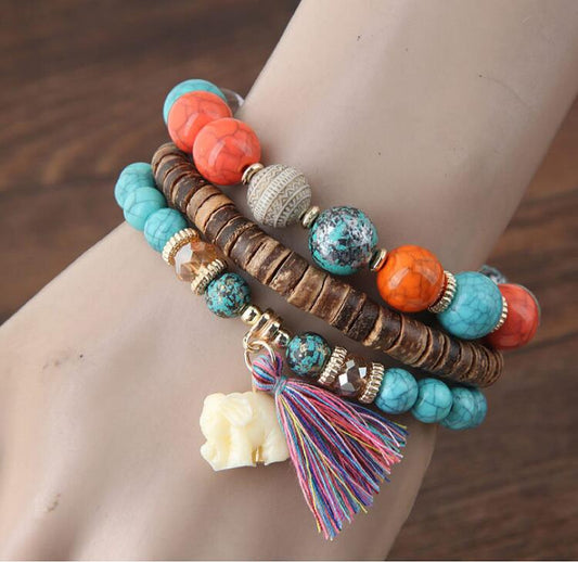 Baby Elephant Tassel Wood Beads Beaded Multi-Layer Temperament Bracelet Bracelet