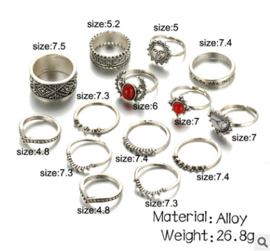 Foreign trade retro silver carved joint ring red and white turquoise 14 piece set set ring female jewelry wholesale