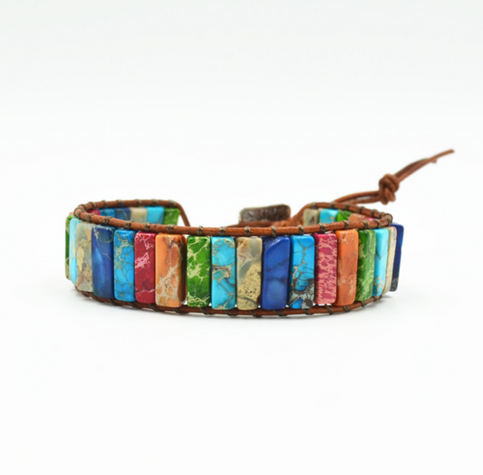 Colored Imperial Stone Hand-woven Single-layer Leather Bracelet Creative Ethnic Style Simple Bracelet