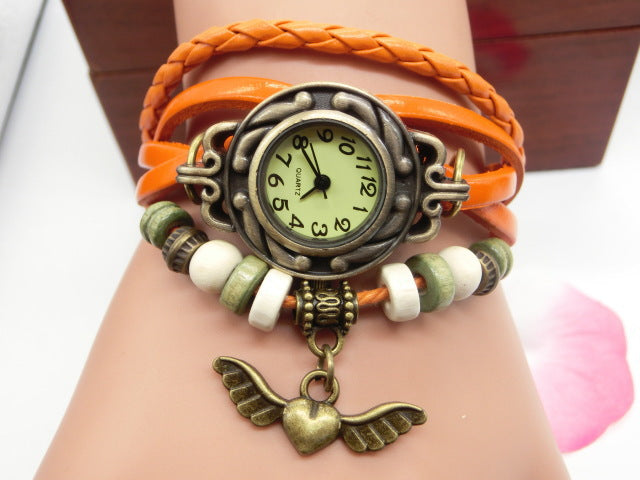 Vintage casual flying heart pendant bracelet belt watch