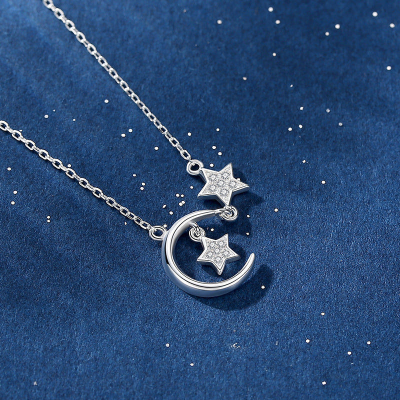 S925 Sterling Silver Star Moon Necklace Women's Japanese And Korean Simple