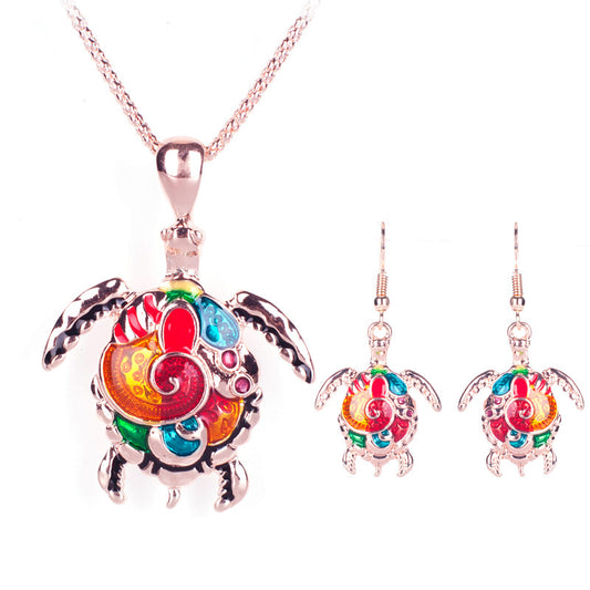 Rainbow Turtle Necklace and Earrings Set