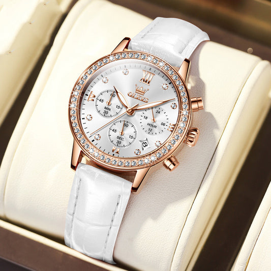 Women's Quartz Watch With Diamond Inlaid Multi-function Timing