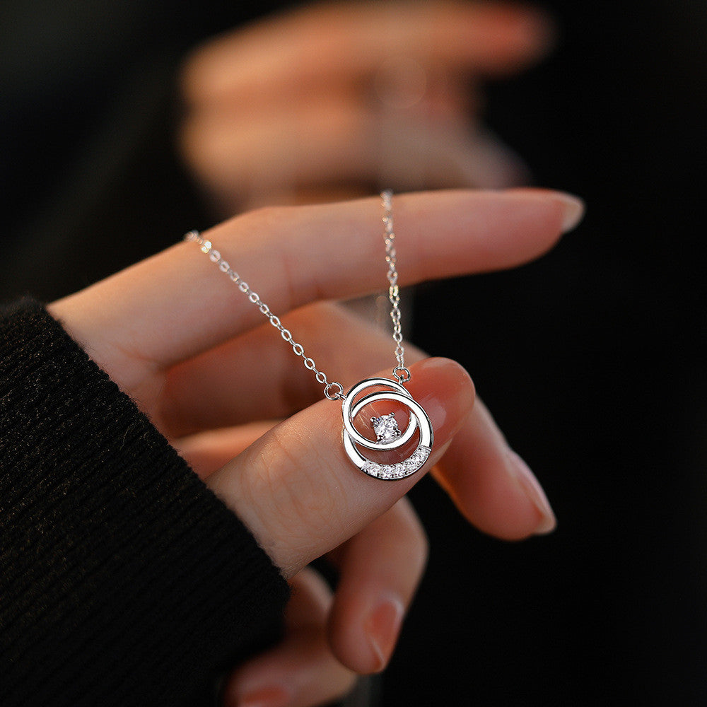 Sterling Silver Double Round Ring Zircon Necklace Female Temperament