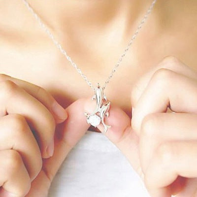 Silver Plated Double Dolphin Rhinestone Necklace