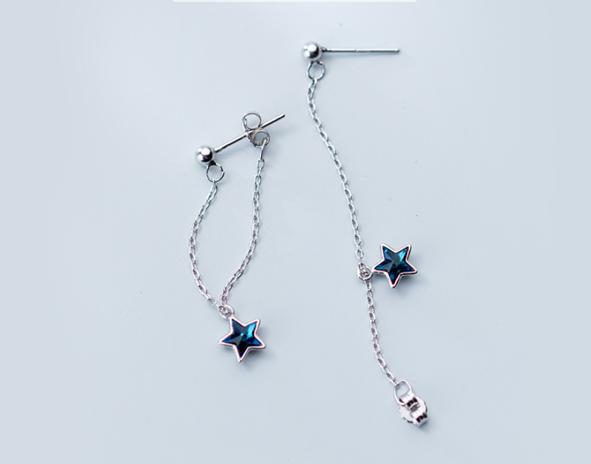 Blue diamond five-pointed star sweet back-hanging earrings