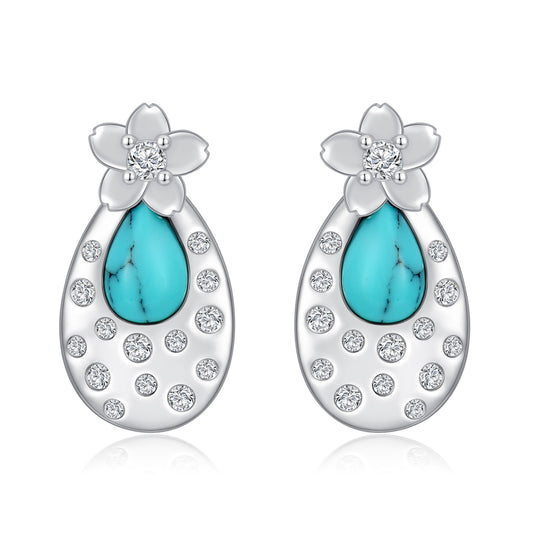 Turquoise Cherry Blossom 925 Sterling Silver Stud Earrings