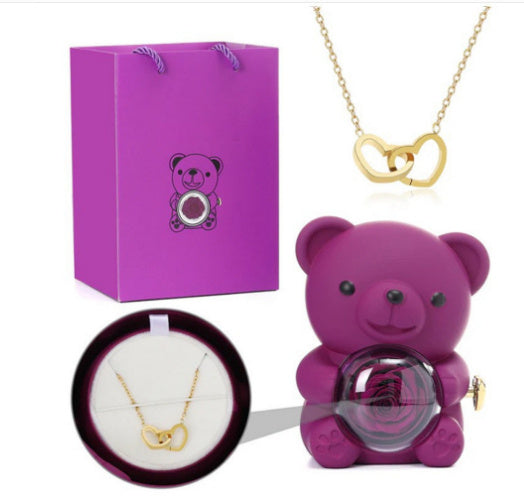 Eternal Rose Teddy Bear Gift Box with Rotating Jewelry Drawer