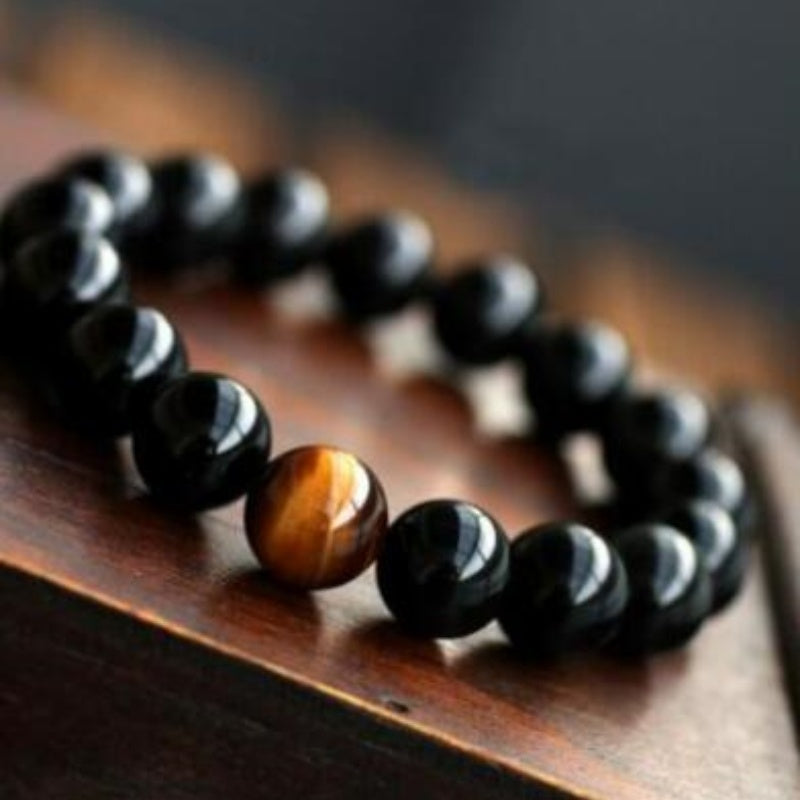 Natural Black Onyx With Stone Tiger Eyes Energy Bracelet