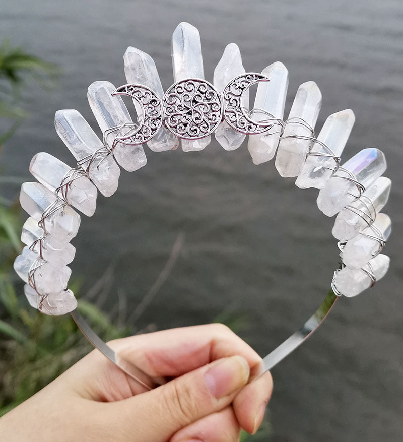 Dress Up Hollow 3 Moon Accessories Electroplating Natural Crystal Crown Headband