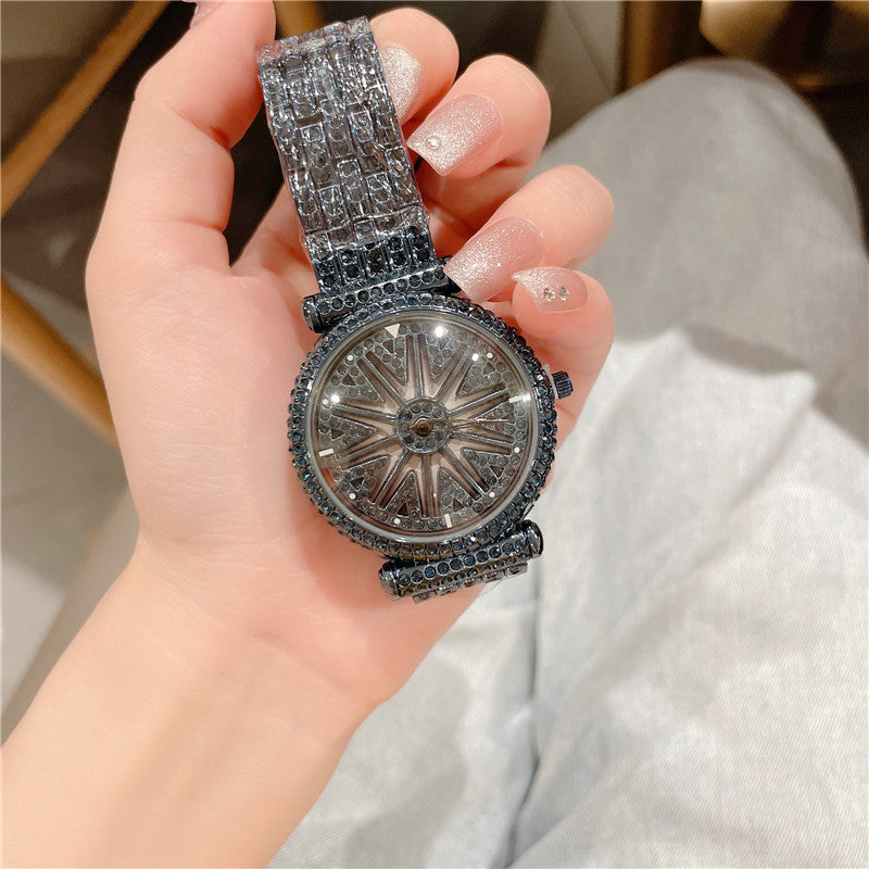 Women's Round Diamond Waterproof Rotation Watch