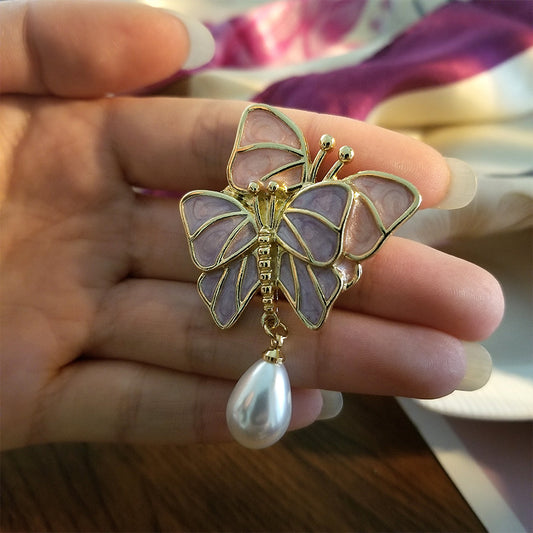 Tender Butterfly Brooch Female Silk Scarf Button Cartoon Enamel Waist Closing Pin Ins Pearl Accessories