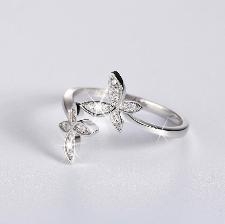 Fashion 925 Silver Adjustable RING Sterling Silver Ring with Flower Design Cubic Zirconia Austrian Women