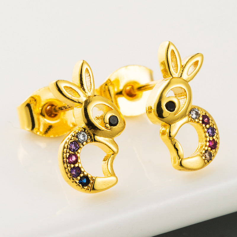 Copper Micro-inlaid Colorful Zircon Earrings Cute Jade Rabbit Personality All-match Earrings Earrings