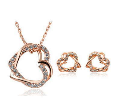 Fashionable Double Diamond Heart Necklace & Earring Set