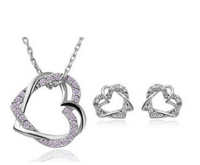 Fashionable Double Diamond Heart Necklace & Earring Set